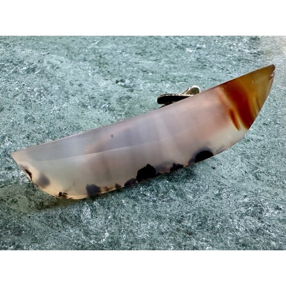 Vintage MONTANA MOSS AGATE Tie Clip Crescent Shaped Yellowstone River Chalcedony - Picture 5 of 16